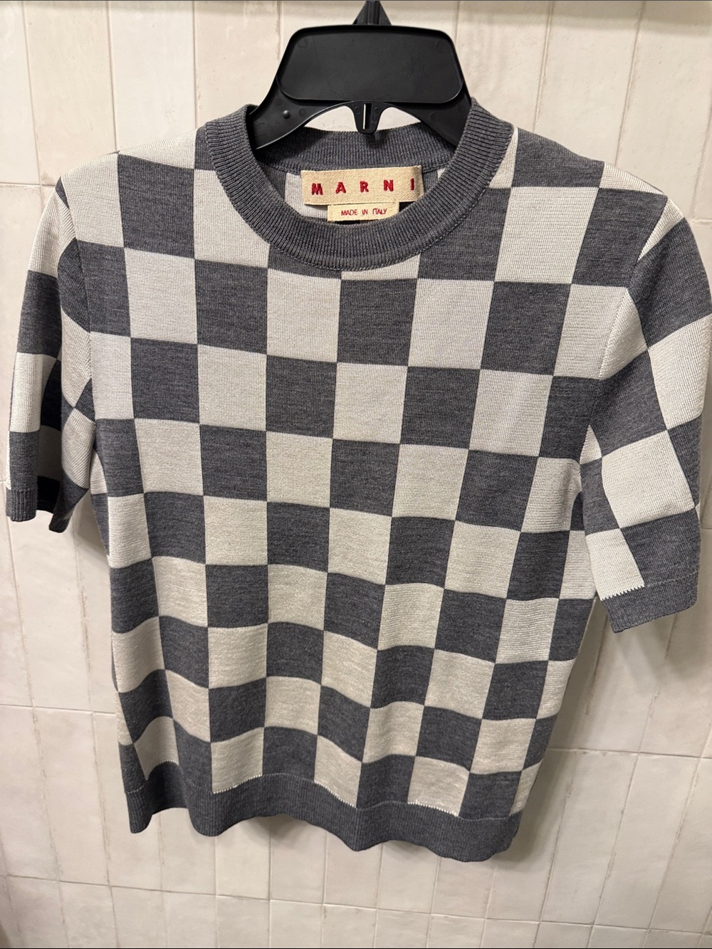 Marni Gray & White Checkerboard Crewneck Top